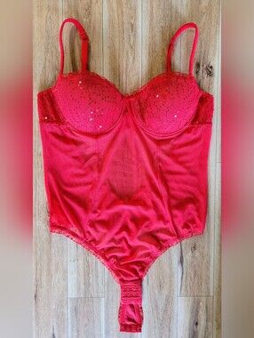 Vintage Philippe Matignon Red Mesh Sequin Bodysuit Y2K Italian Lingerie Small